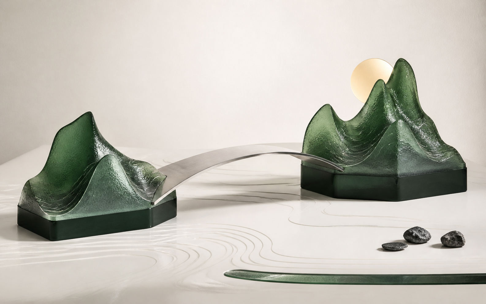 Sculptural green terrain connected by a chrome bridge for Eden's Path