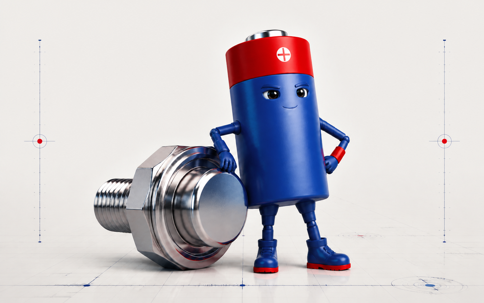 Battery mascot beside an industrial power terminal for Hi-Watt