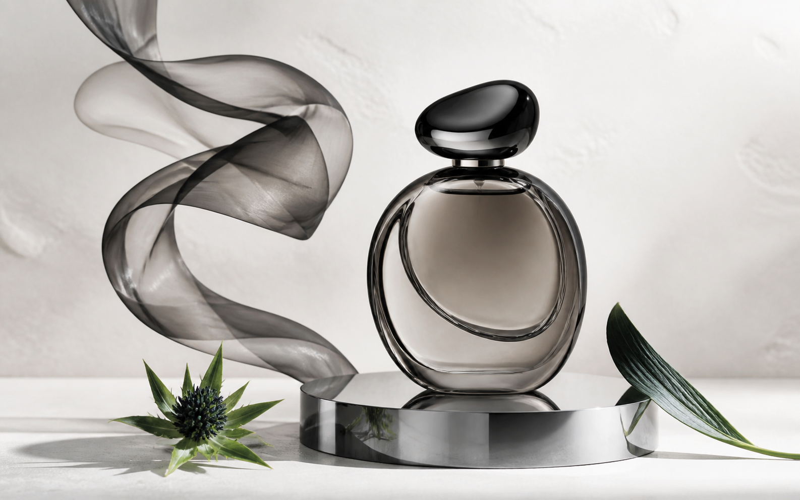Sculptural fragrance bottle and botanical still life for Whiff and Wonder